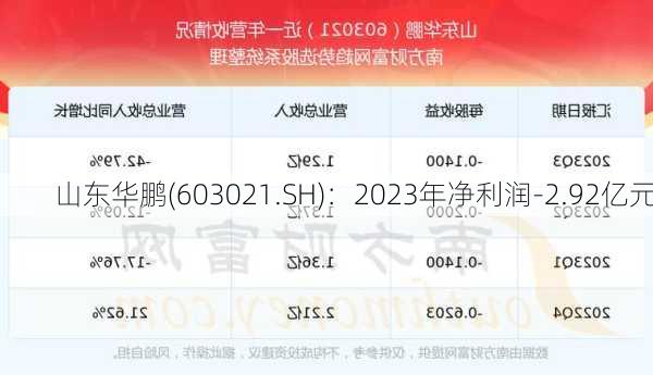 山东华鹏(603021.SH)：2023年净利润-2.92亿元