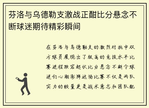 芬洛与乌德勒支激战正酣比分悬念不断球迷期待精彩瞬间