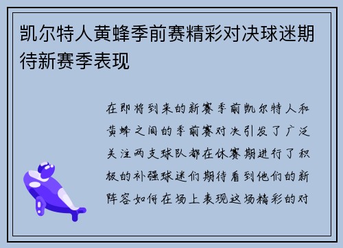 凯尔特人黄蜂季前赛精彩对决球迷期待新赛季表现