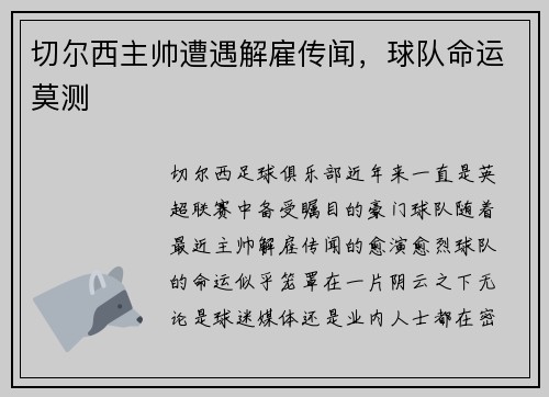切尔西主帅遭遇解雇传闻，球队命运莫测