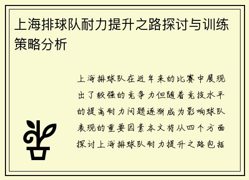 上海排球队耐力提升之路探讨与训练策略分析