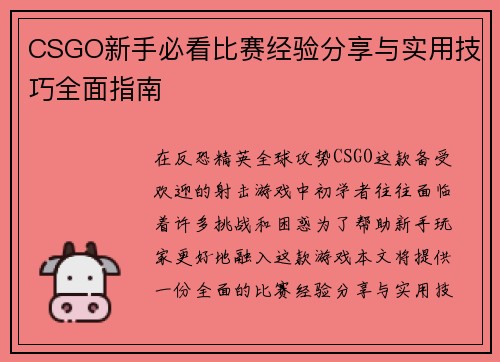 CSGO新手必看比赛经验分享与实用技巧全面指南