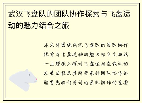 武汉飞盘队的团队协作探索与飞盘运动的魅力结合之旅