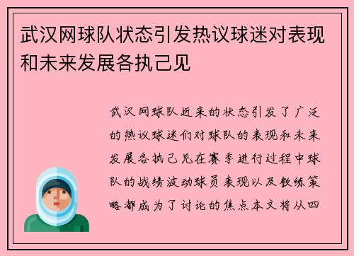 武汉网球队状态引发热议球迷对表现和未来发展各执己见