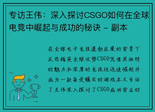 专访王伟：深入探讨CSGO如何在全球电竞中崛起与成功的秘诀 - 副本