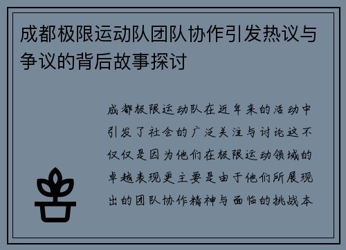 成都极限运动队团队协作引发热议与争议的背后故事探讨