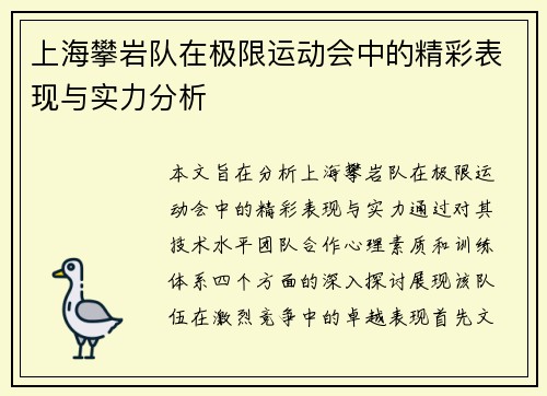 上海攀岩队在极限运动会中的精彩表现与实力分析